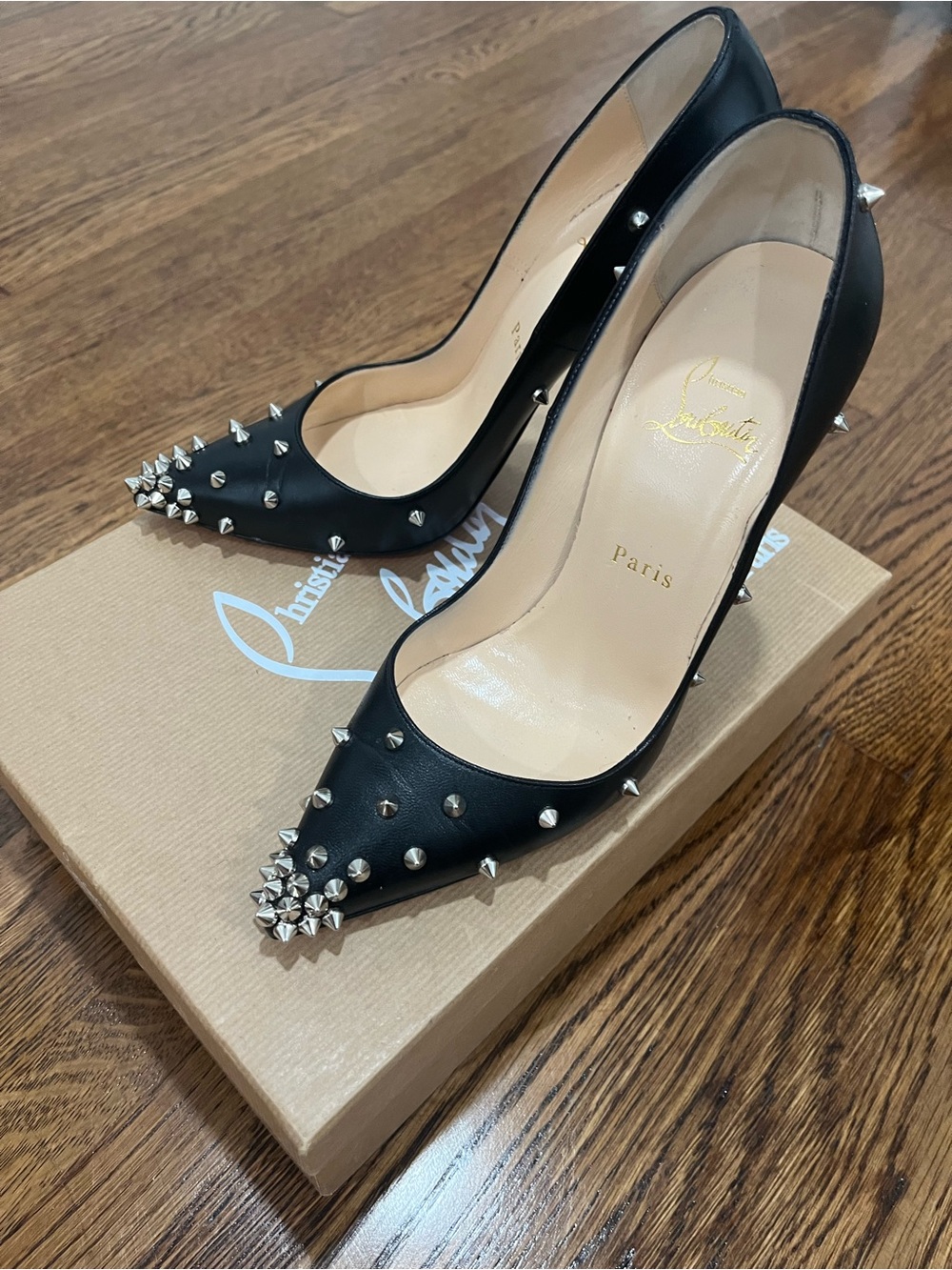 Christian Louboutin Black Leather Studded Pointed-Toe - Picture 3 of 5